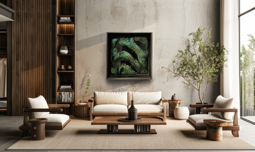 Artwork Beetle Flow by Bouk de Roeck in modern japandi living room interior.